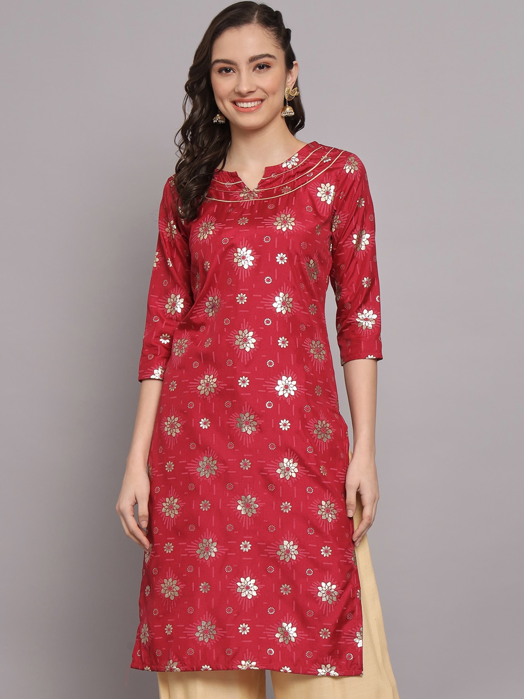 

KALINI Floral Printed Straight Kurta, Red