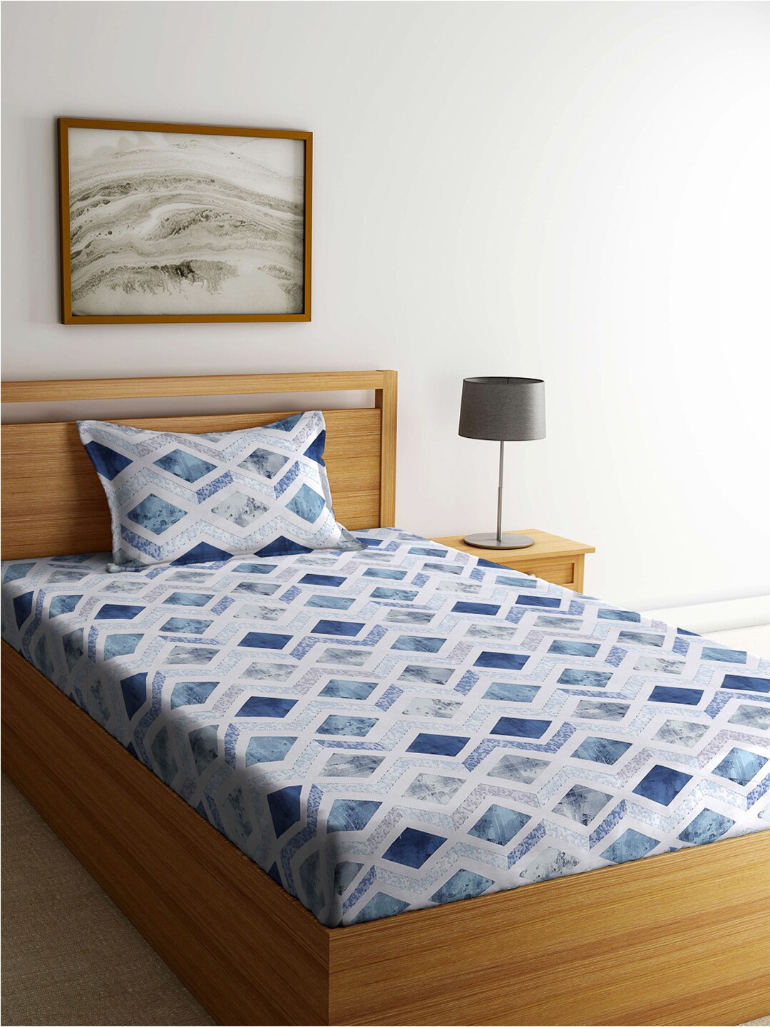 

KLOTTHE Blue & White Geometric 400 TC Pure-Cotton Single Bedsheet With Pillow Cover