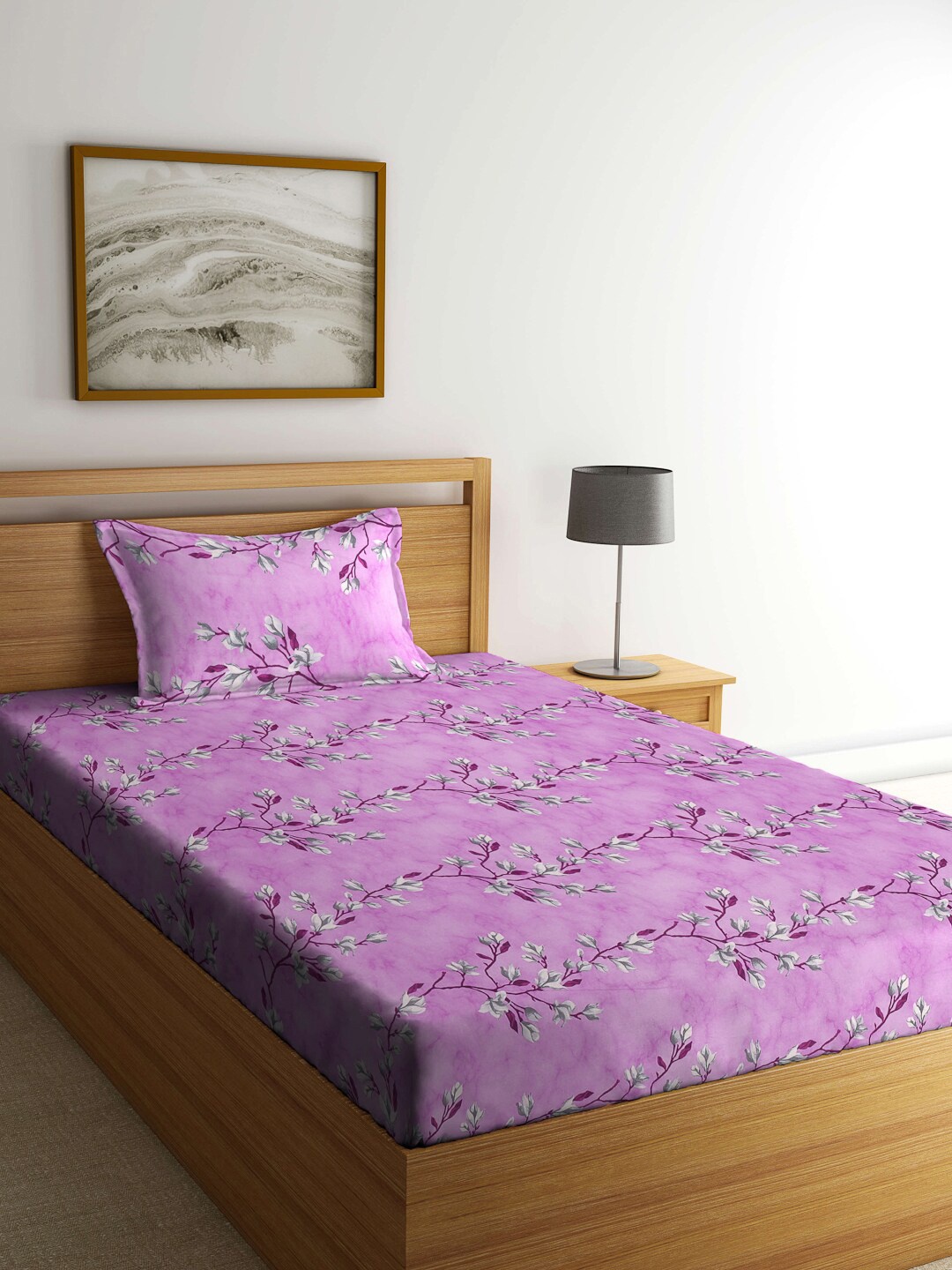 

KLOTTHE Purple Floral-Printed 400TC Pure-Cotton Single Bedsheet With Pillow Cover