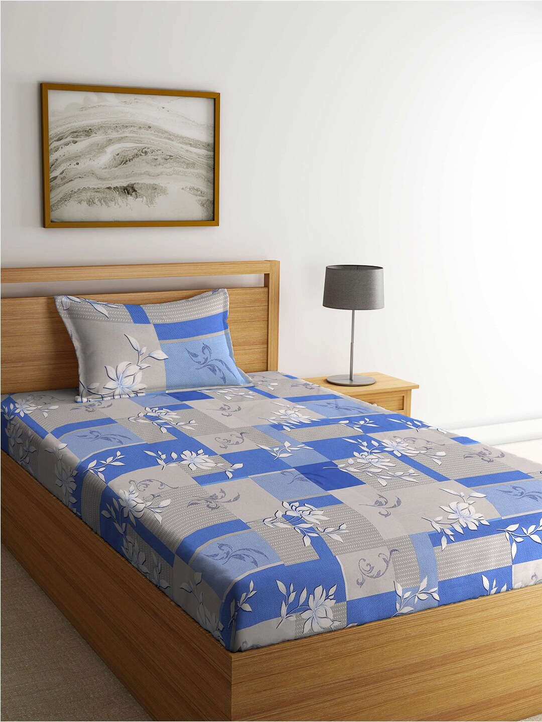 

KLOTTHE Blue & Grey Floral Printed 400TC Pure-Cotton Single Bedsheet With Pillow Cover
