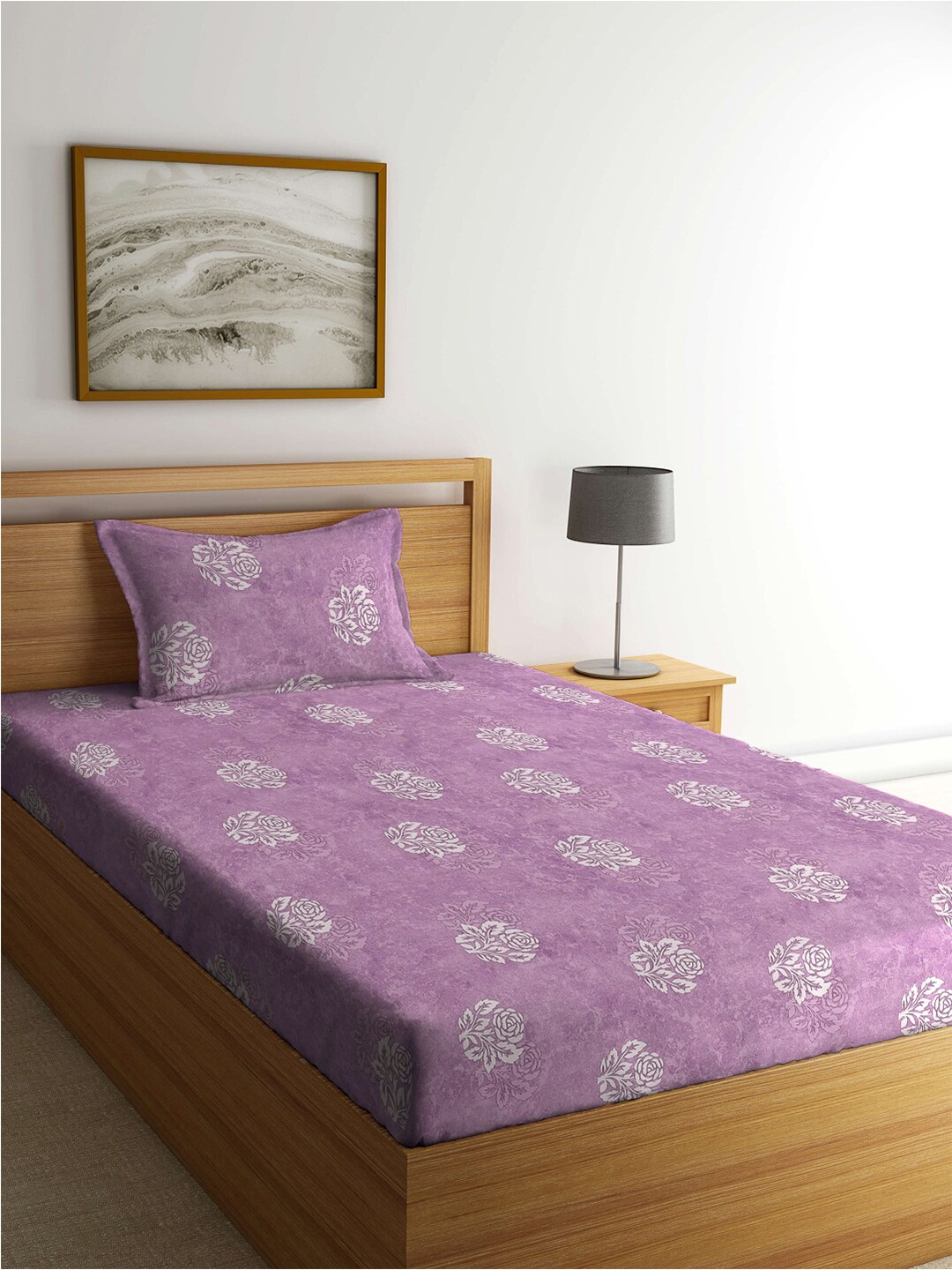 

KLOTTHE Purple Floral Printed 400 TC Pure Cotton Single Bedsheet With Pillow Cover