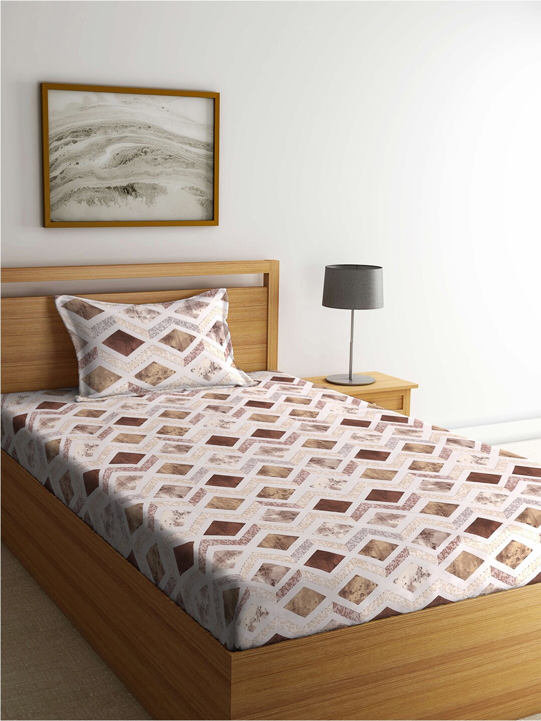 

KLOTTHE Brown & White Printed 400 TC Pure Cotton Single Bedsheet With Pillow Cover