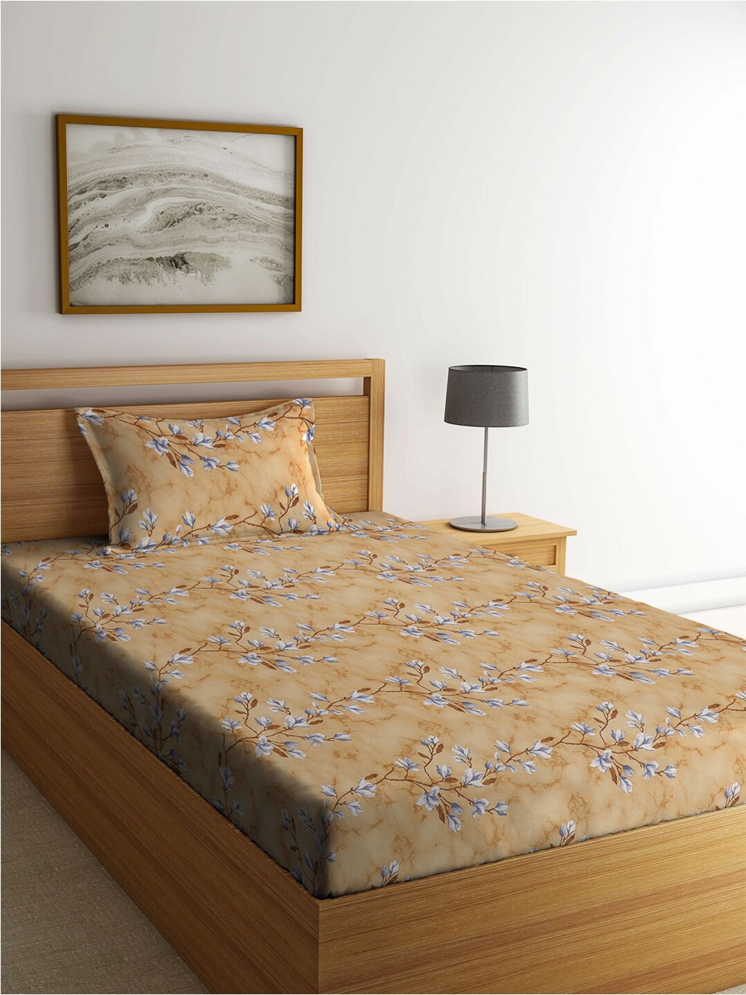 

KLOTTHE Brown & White Floral-Printed 400TC Pure-Cotton Single Bedsheet With Pillow Cover
