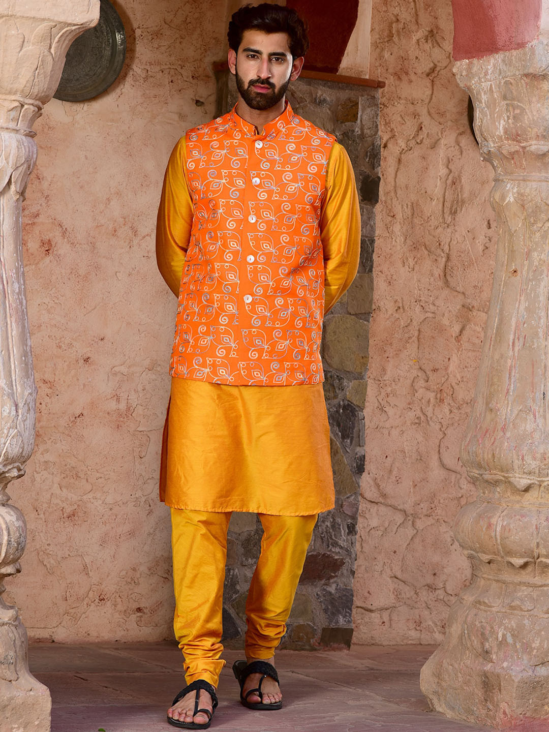 

HOUSE OF DEYANN Embroidered Regular Pure Cotton Kurta with Churidar & Nehru Jacket, Orange