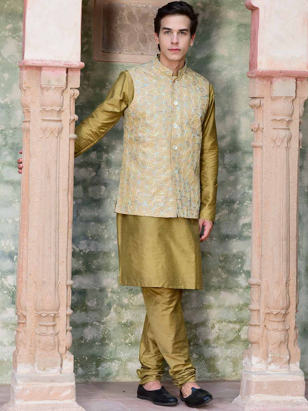 

HOUSE OF DEYANN Mandarin Collar Pure Cotton Kurta & Churidar With Nehru Jacket, Gold