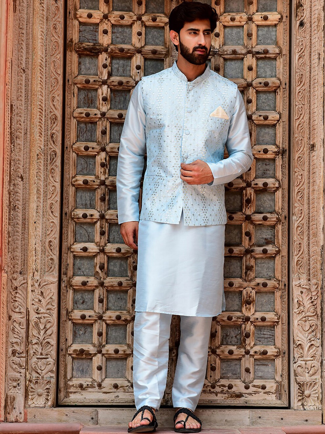 

HOUSE OF DEYANN Mandarin Collar Kurta Pyjamas With Nehru Jacket, Blue