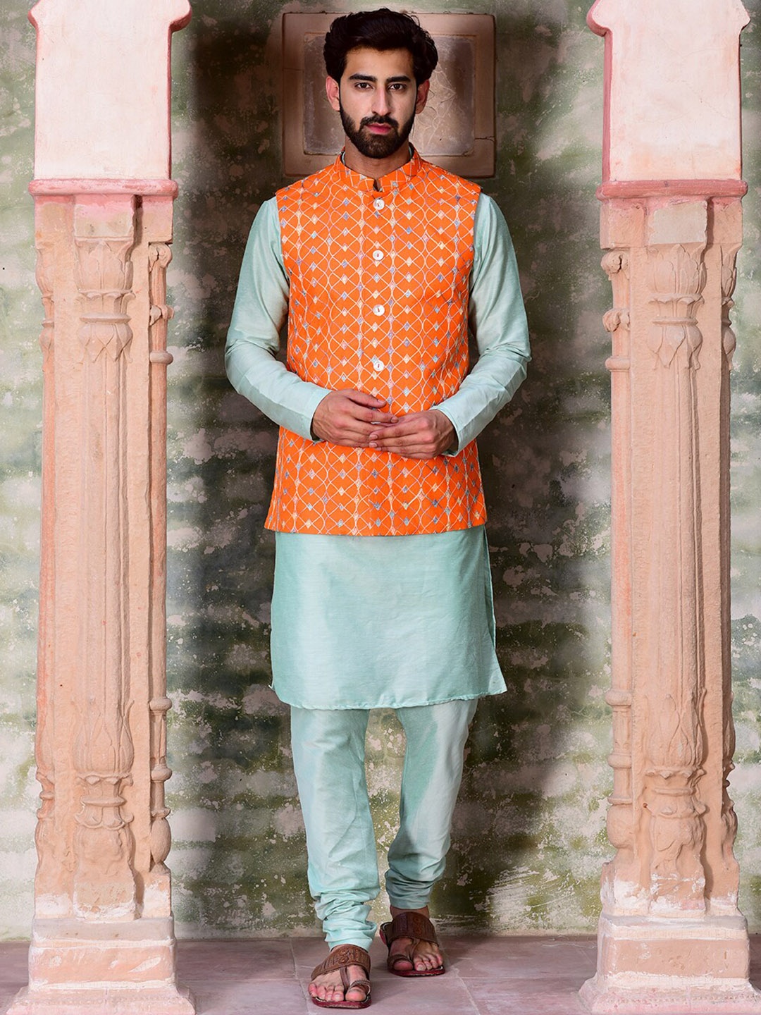 

HOUSE OF DEYANN Mandarin Collar Kurta Churidar With Nehru Jacket, Orange