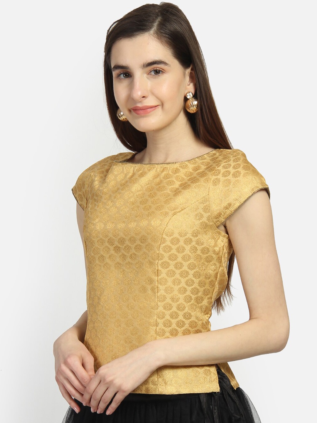

studio rasa Woven-Designed Brocade Princess Cut Blouse, Gold