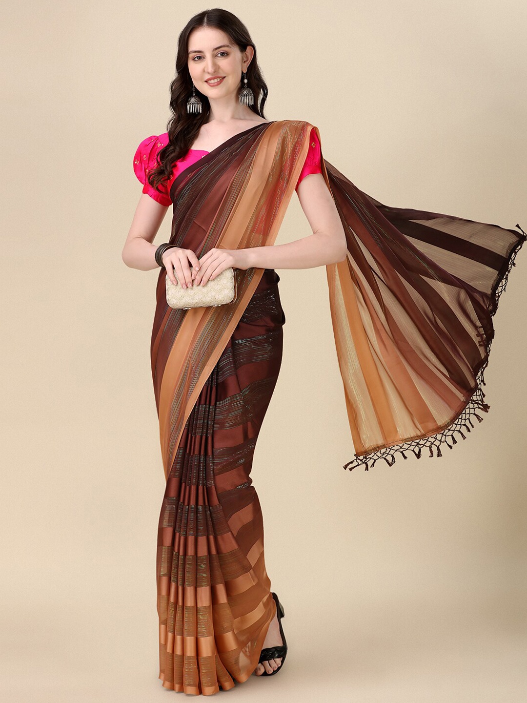 

KALINI Striped Silk Blend Saree, Orange