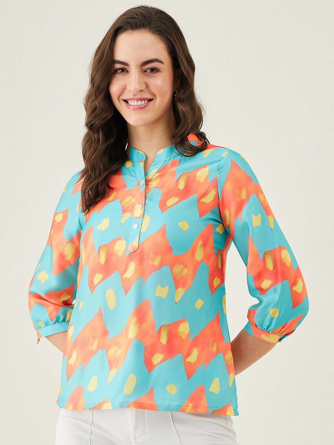 

Modeve Abstract Printed Mandarin Collar Shirt Style Top, Blue
