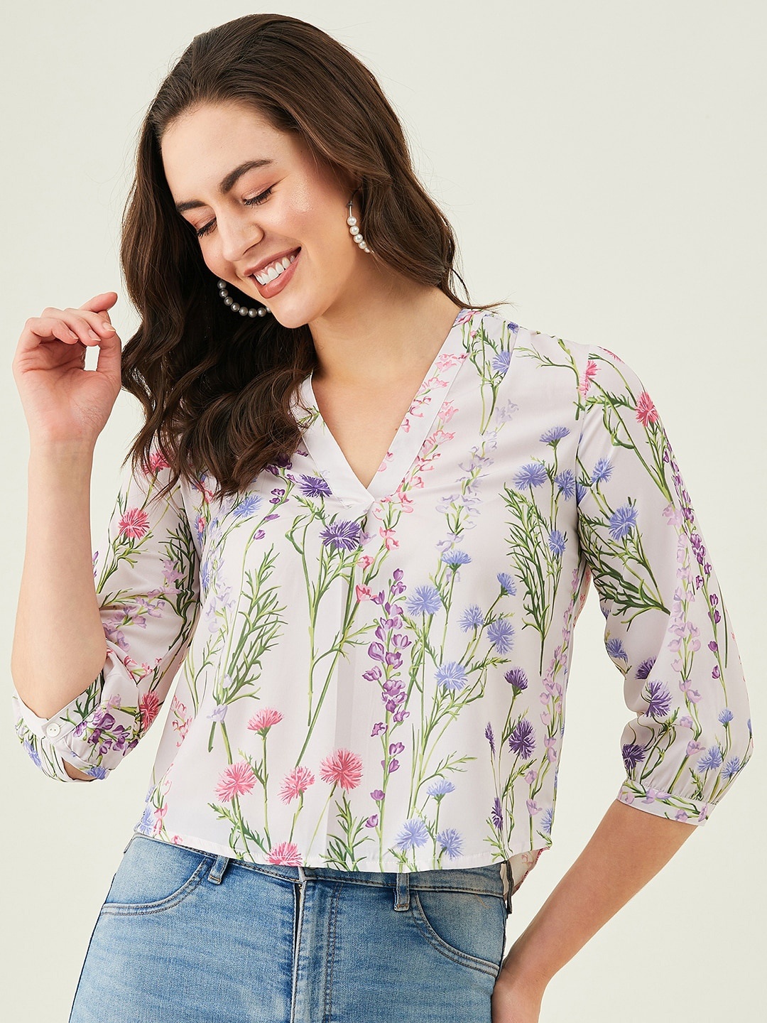 

Modeve Floral Printed V-Neck Puff Sleeves Top, White