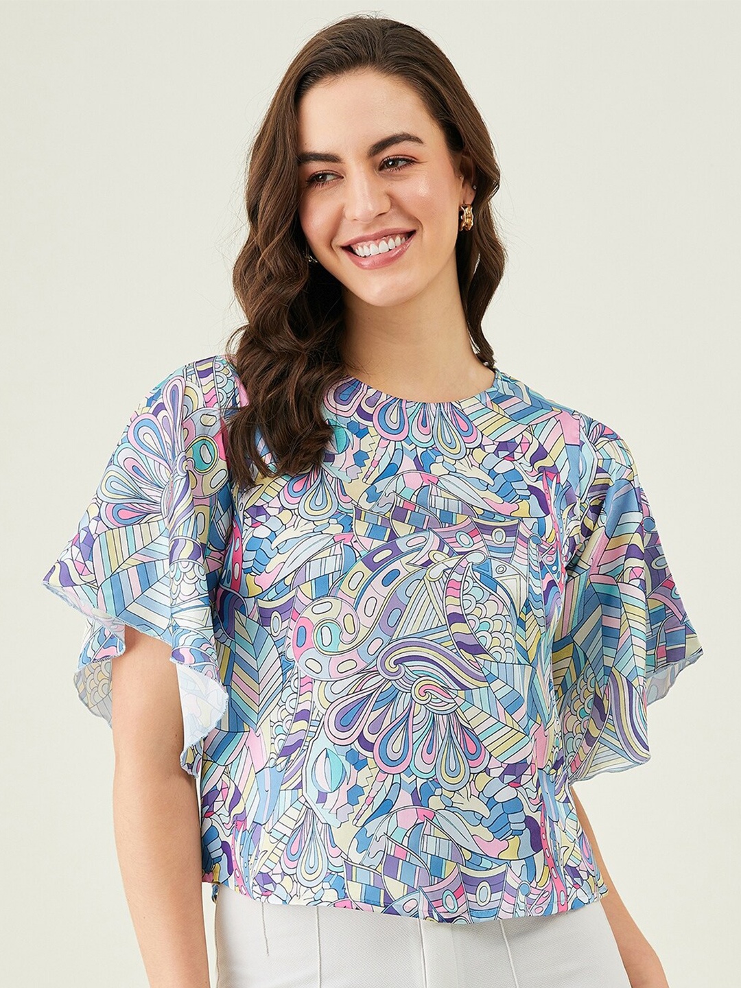 

Modeve Multicoloured Floral Print Flutter Sleeve Satin Top, Blue