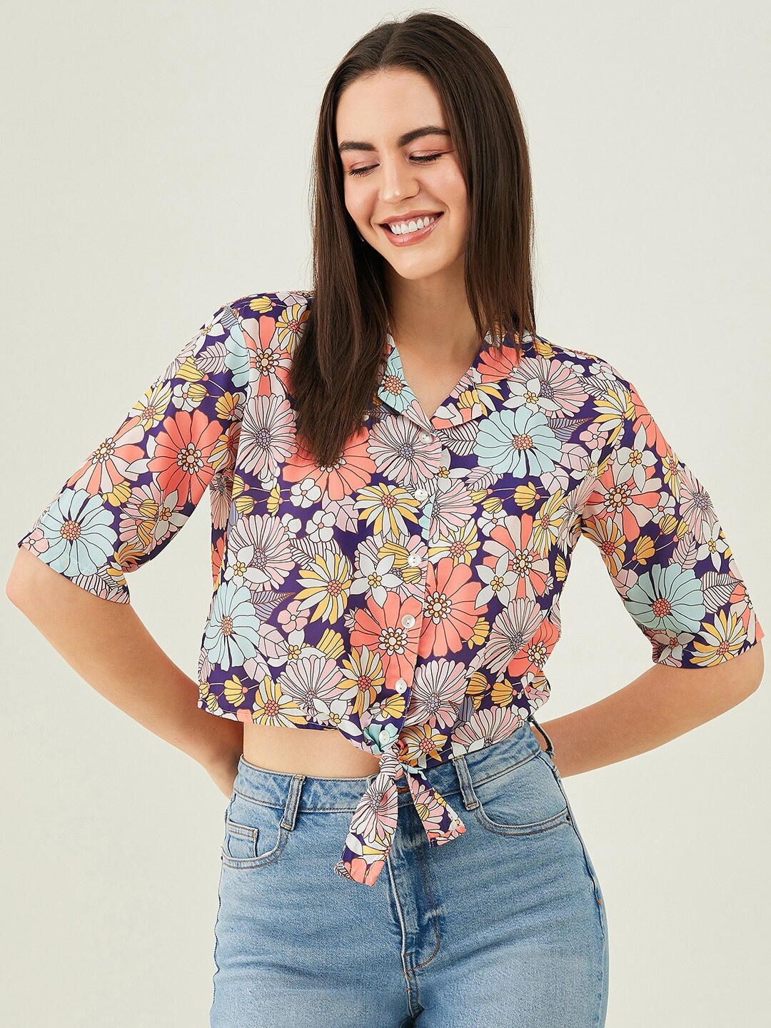 

Modeve Floral Printed Shirt Collar Tie Ups Detail Crop Shirt Style Crop Top, Purple