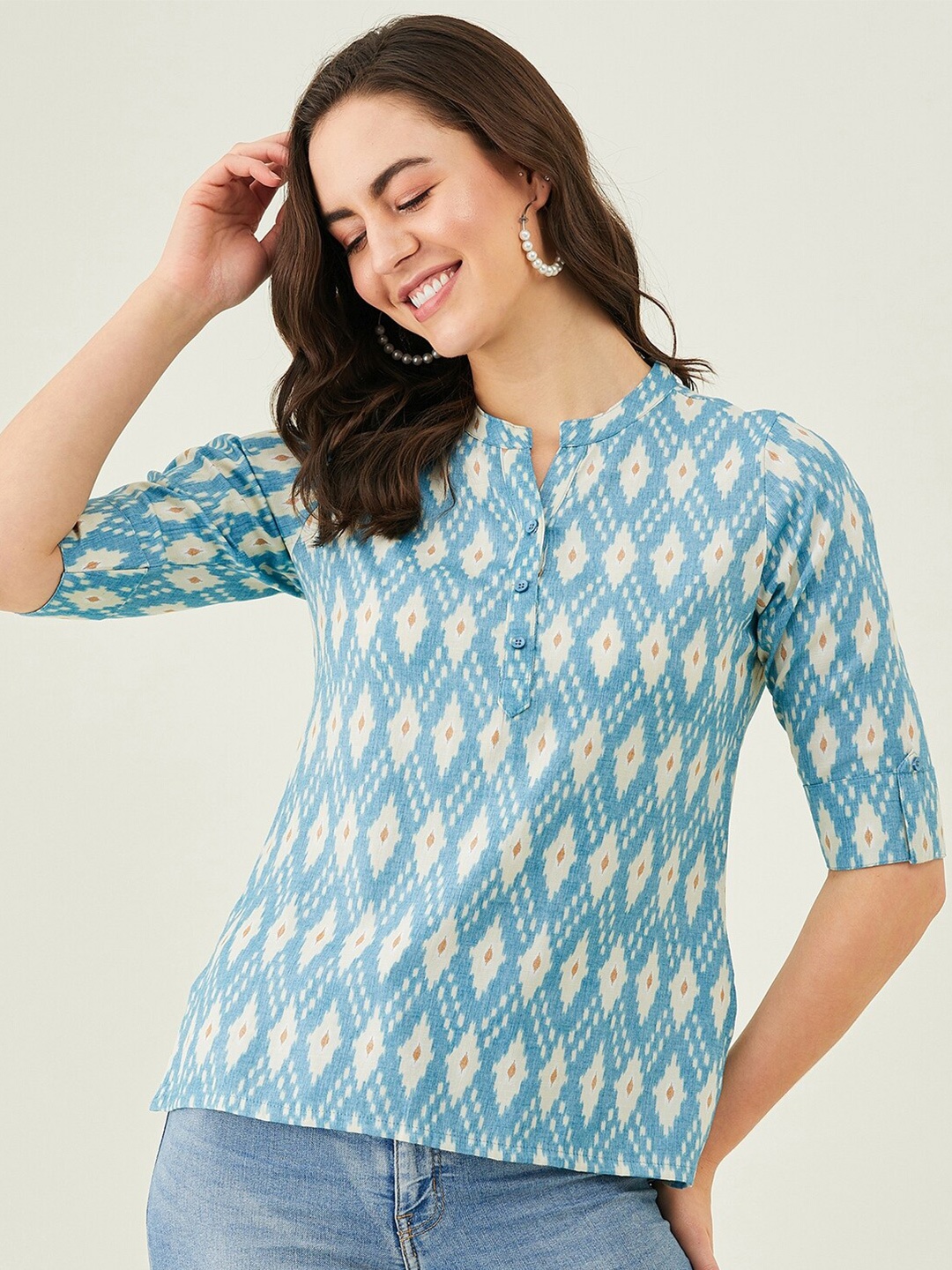 

Modeve Geometric Print Mandarin Collar Shirt Style Top, Blue