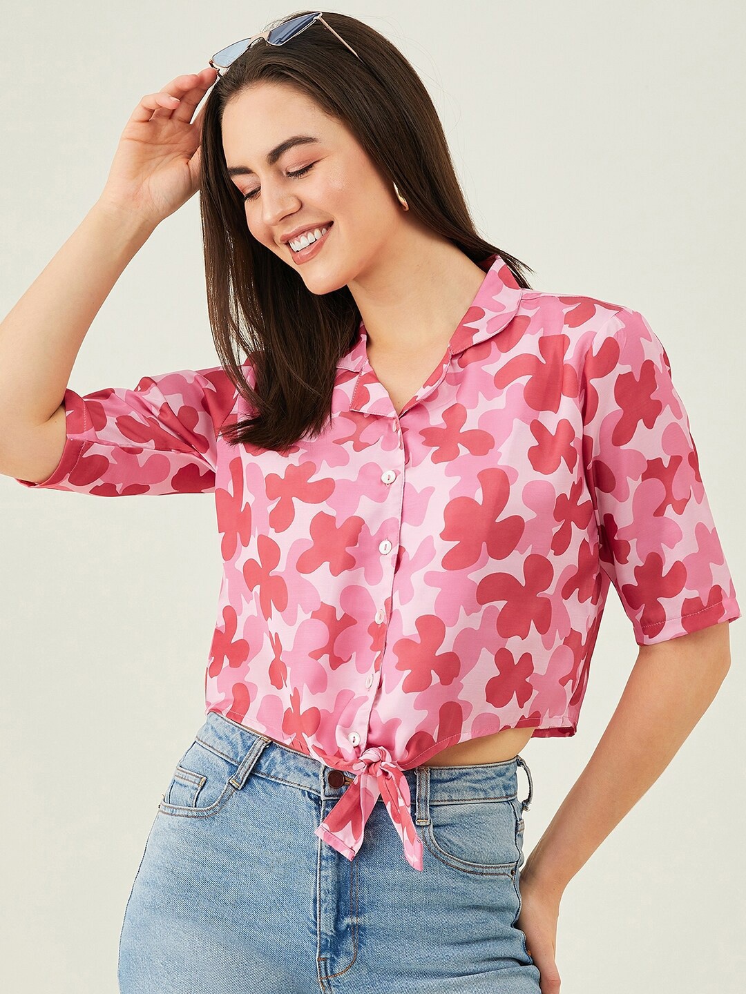 

Modeve Floral Printed Front Knot Shirt Style Crop Top, Red