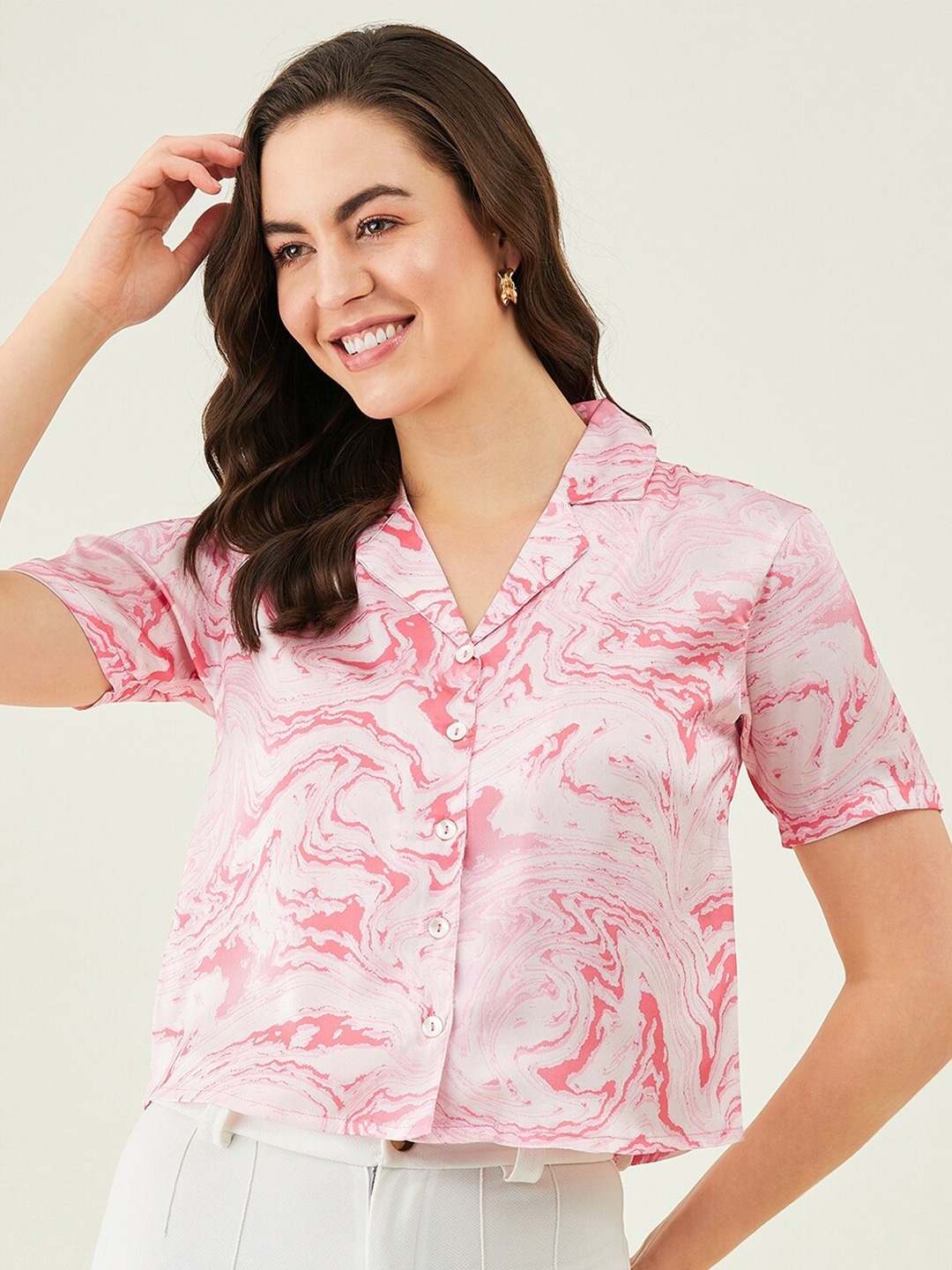 

Modeve Abstract Printed Satin Shirt Style Crop Top, Pink