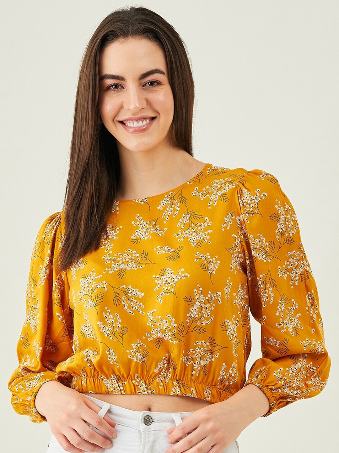 

Modeve Floral Print Puff Sleeve Blouson Crop Top, Mustard