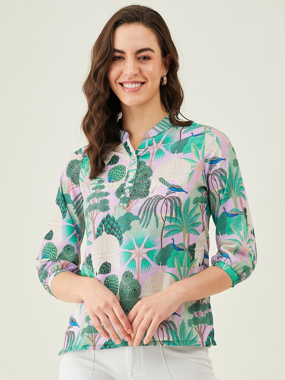 

Modeve Tropical Printed Mandarin Collar Cuffed Sleeves Shirt Style Top, Green