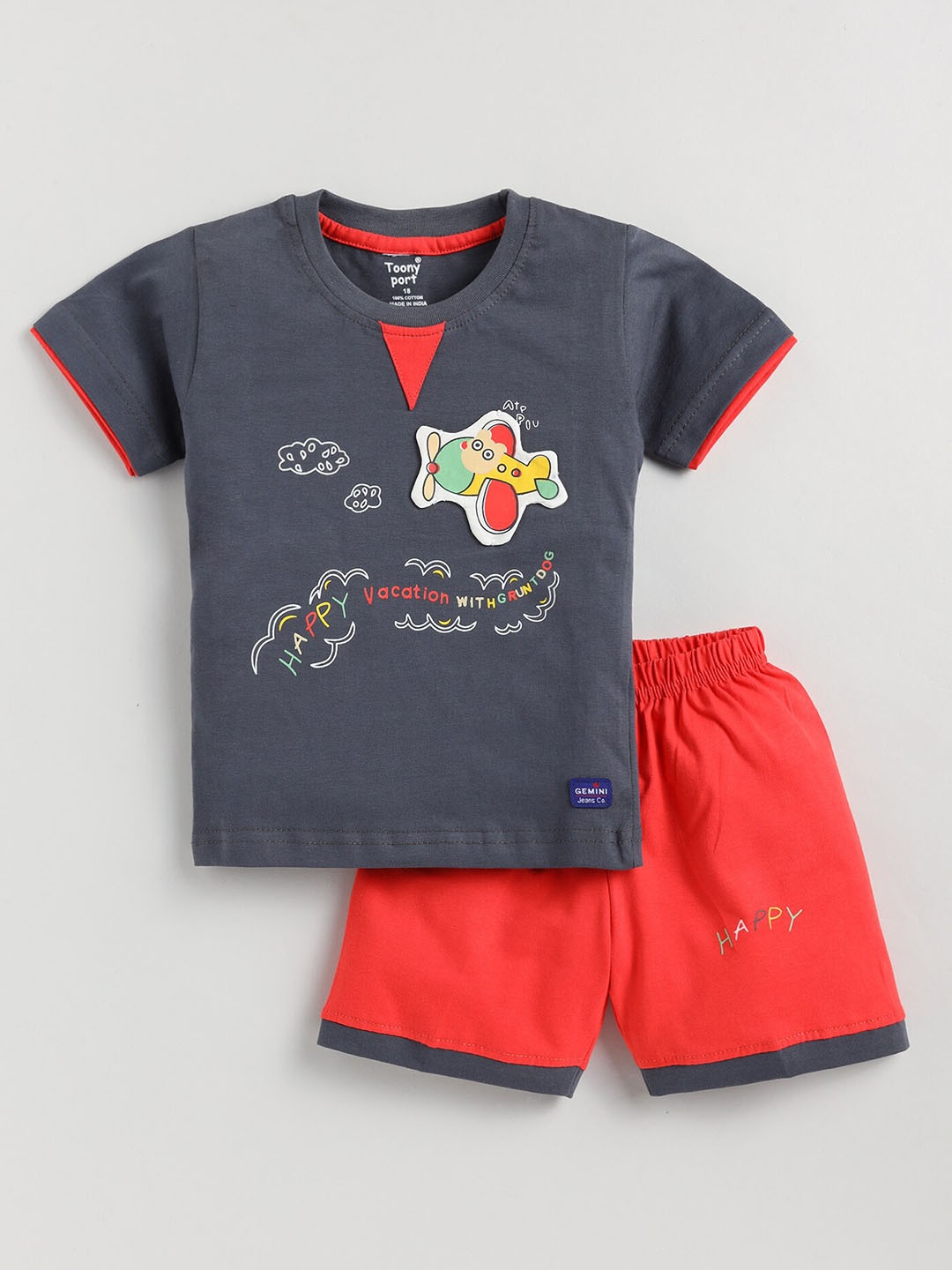 

Toonyport Boys Printed Pure Cotton T-shirt with Shorts, Grey