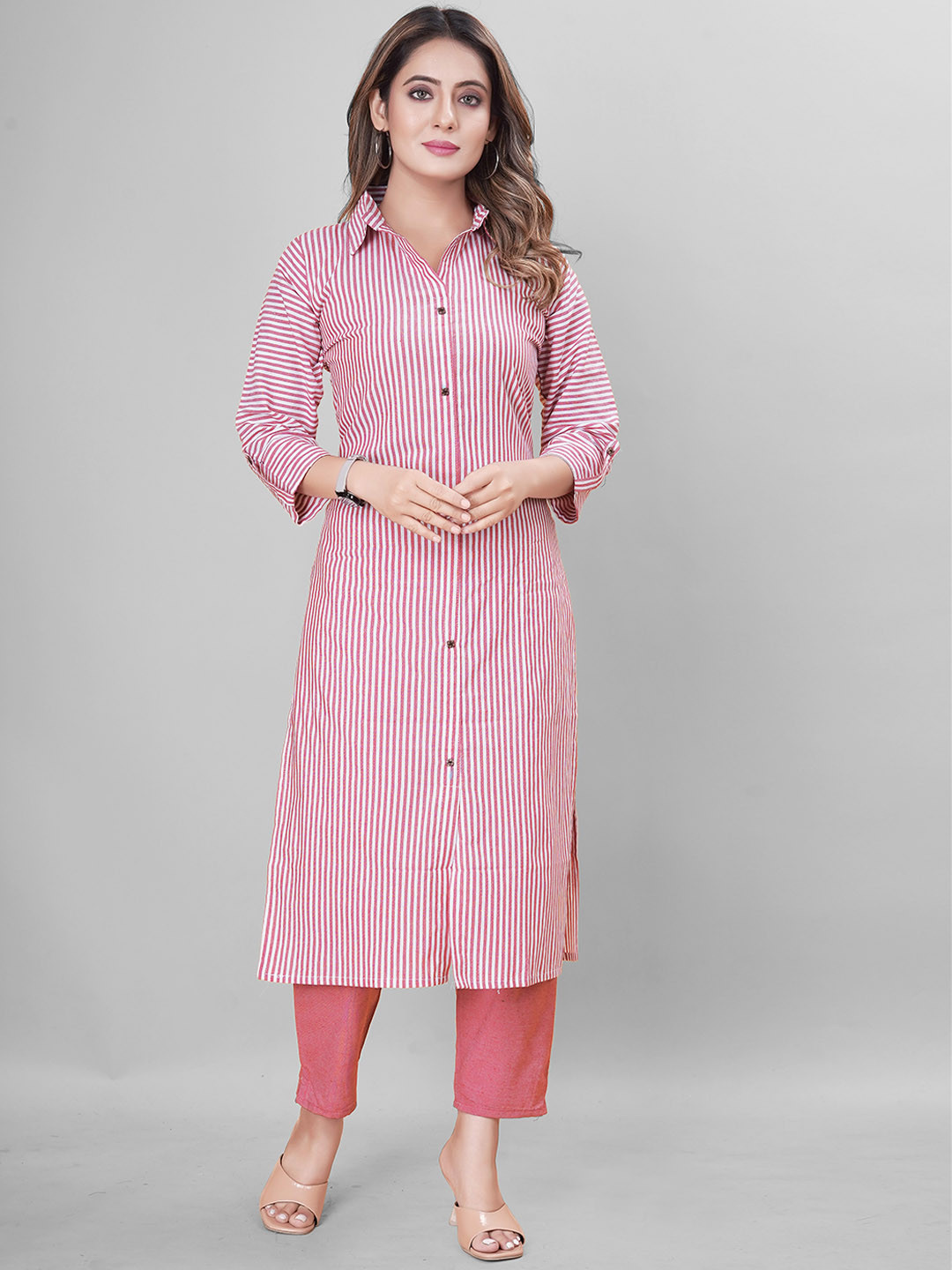 

KALINI Striped Shirt Collar Pure Cotton Kurta with Trousers, Pink
