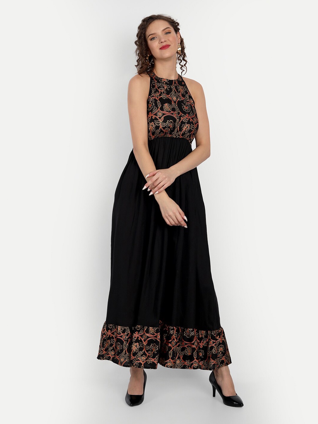 

DAEVISH Floral Printed Halter Neck Empire Dress, Black