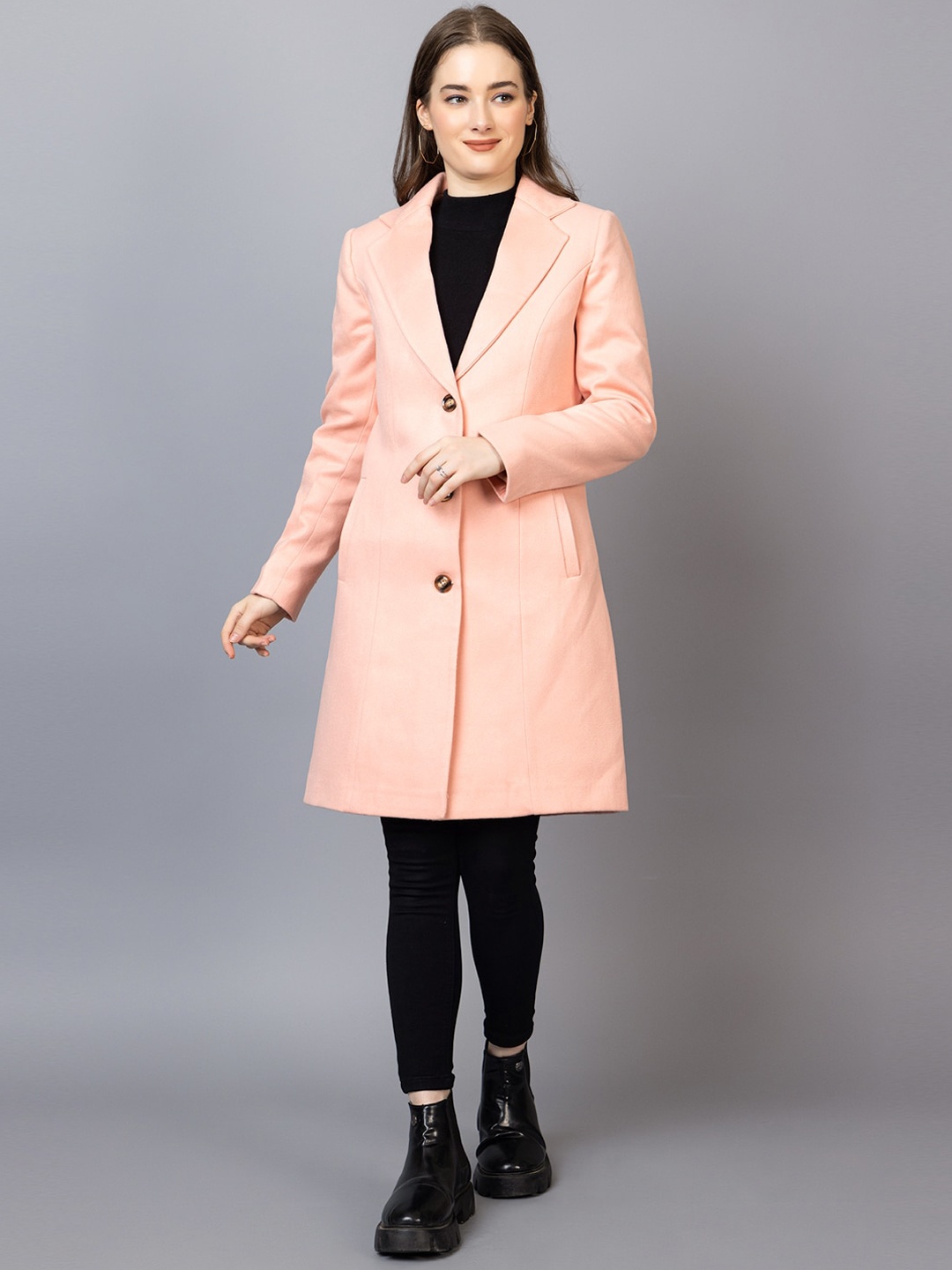 

Dlanxa Notched Lapel Collar Woolen Winter Single Breasted Overcoat, Peach