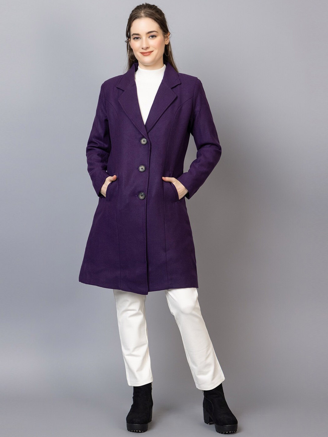 

Dlanxa Notched Lapel Collar Woolen Overcoat, Purple