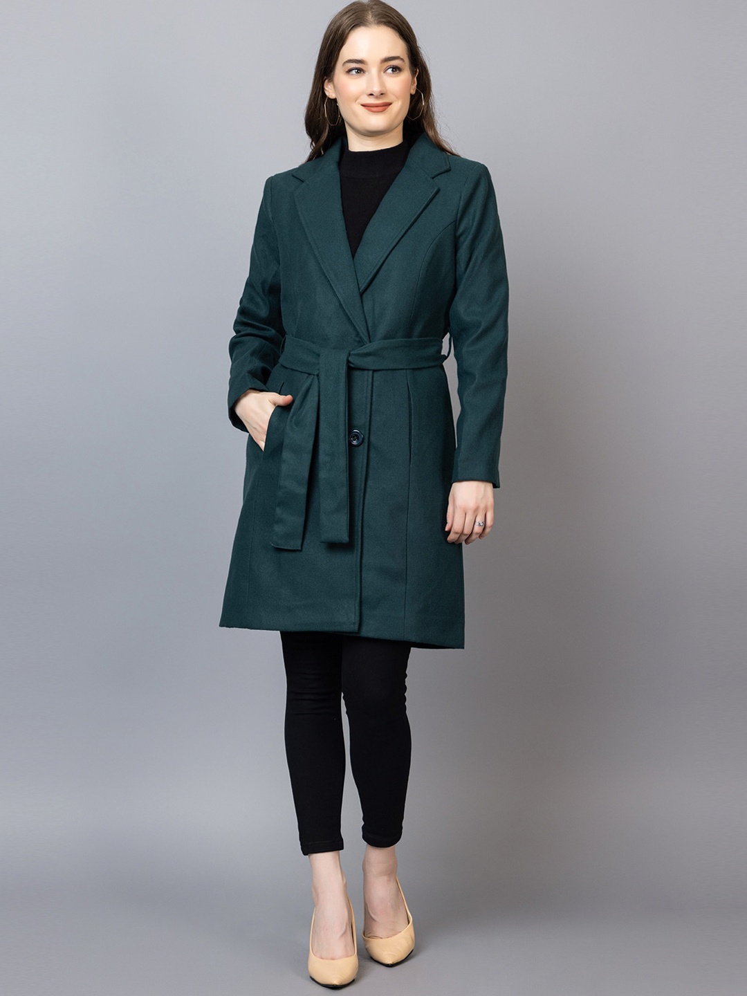 

Dlanxa Notched Lapel Collar Long Sleeves Woolen Winter Trench Coat, Green