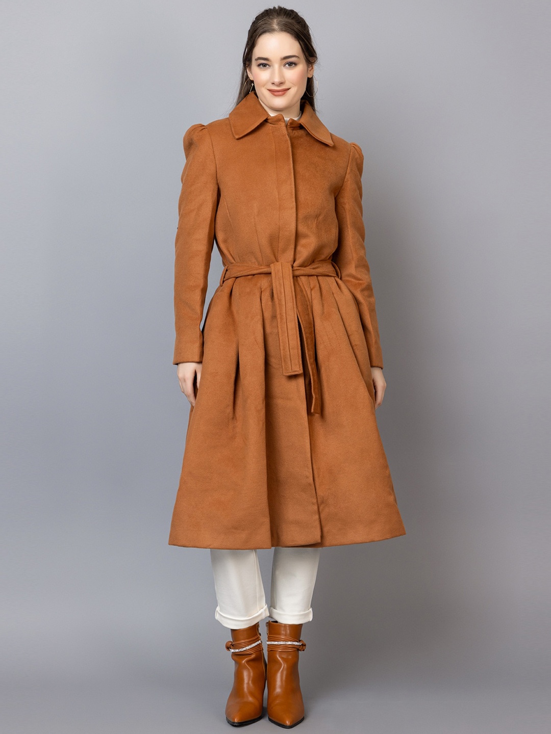 

Dlanxa Spread Collar, Long Sleeves Woolen Winter Trench coat, Camel brown