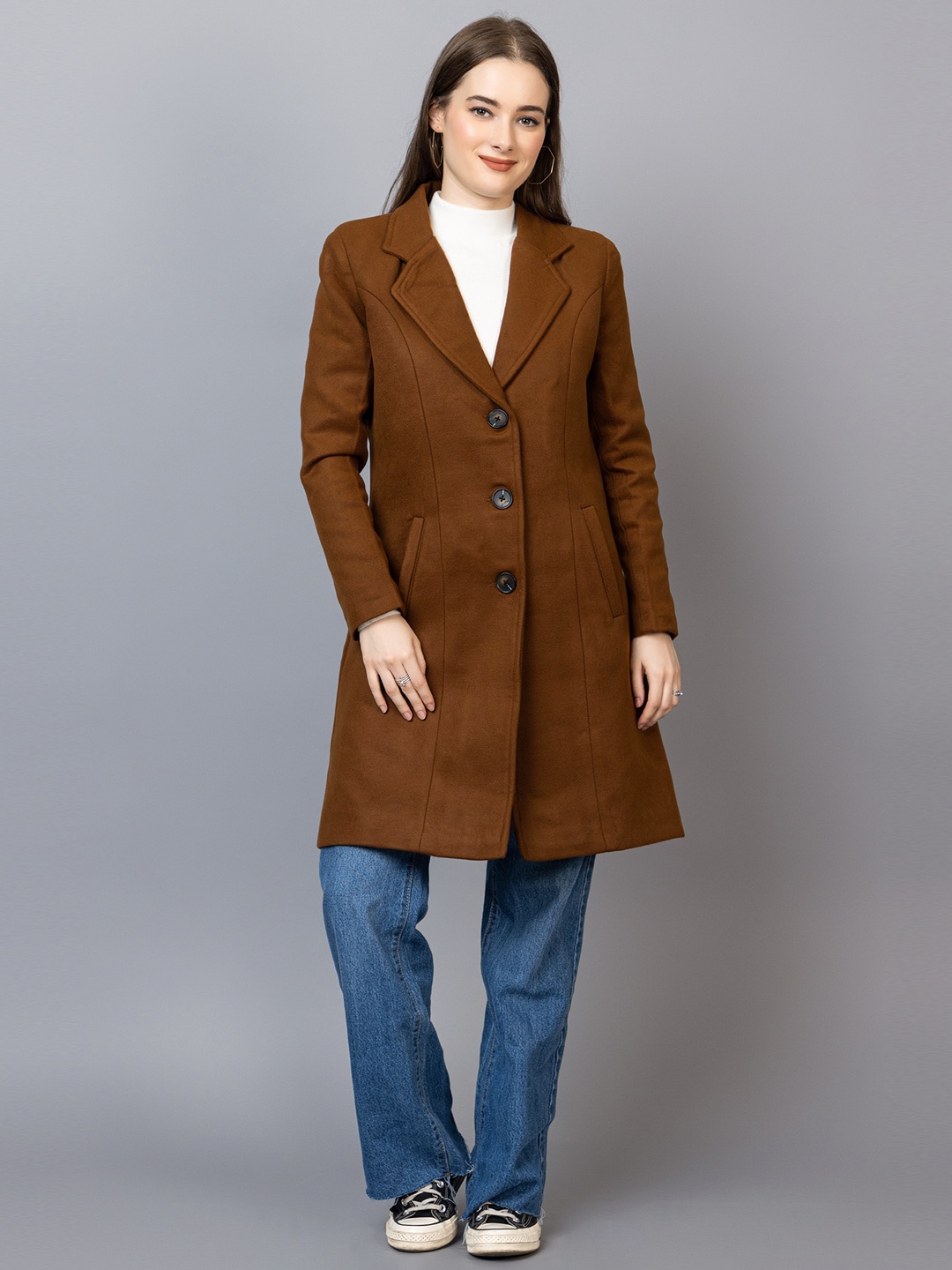 

Dlanxa Notched Lapel Collar, Long Sleeves, Woolen Winter Trench Coat, Tan