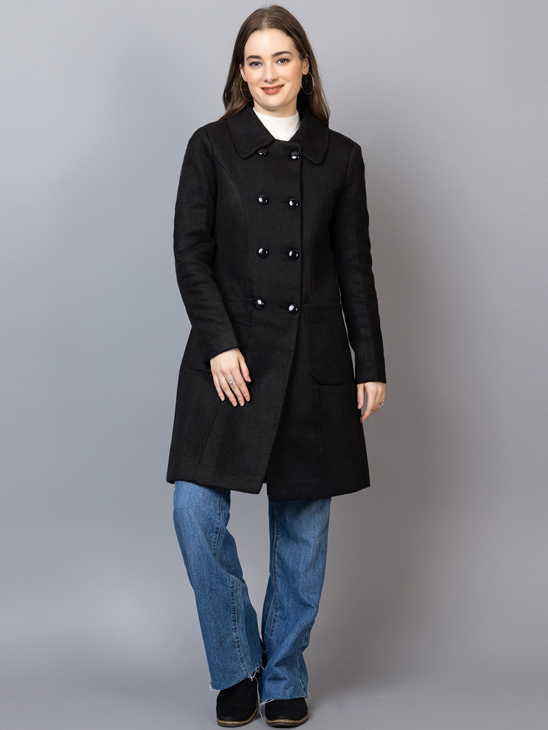 

Dlanxa Spread Collar, Long Sleeves Woolen Winter Trench coat, Black