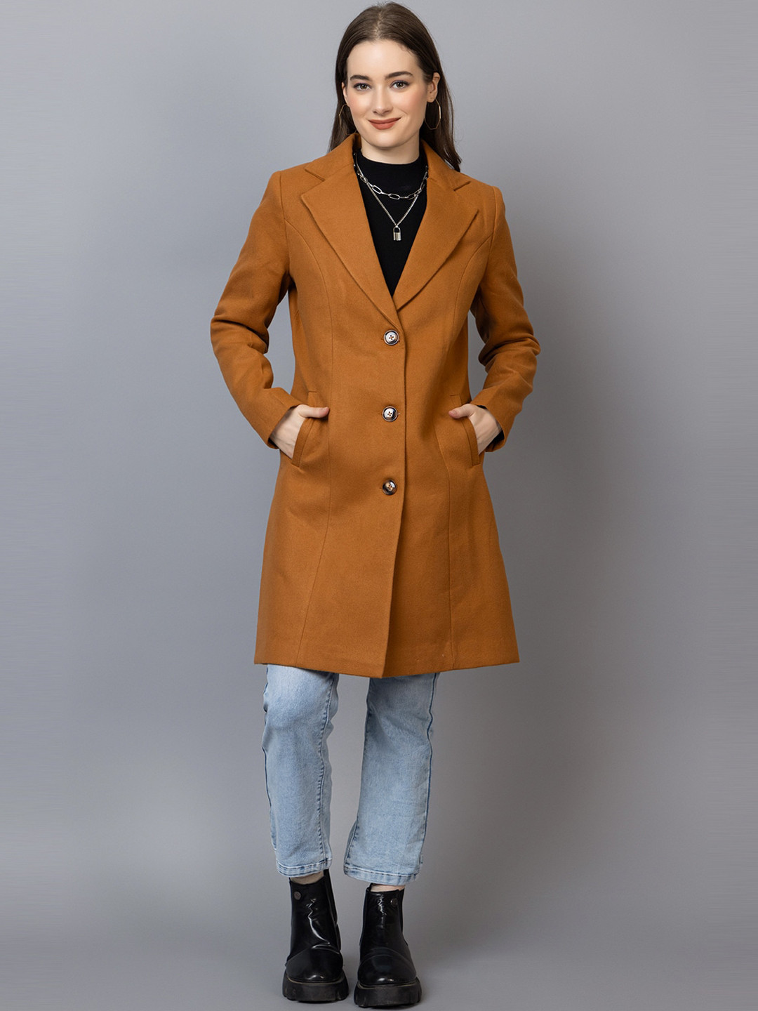 

Dlanxa Notched Lapel Collar Woolen Overcoat, Camel brown