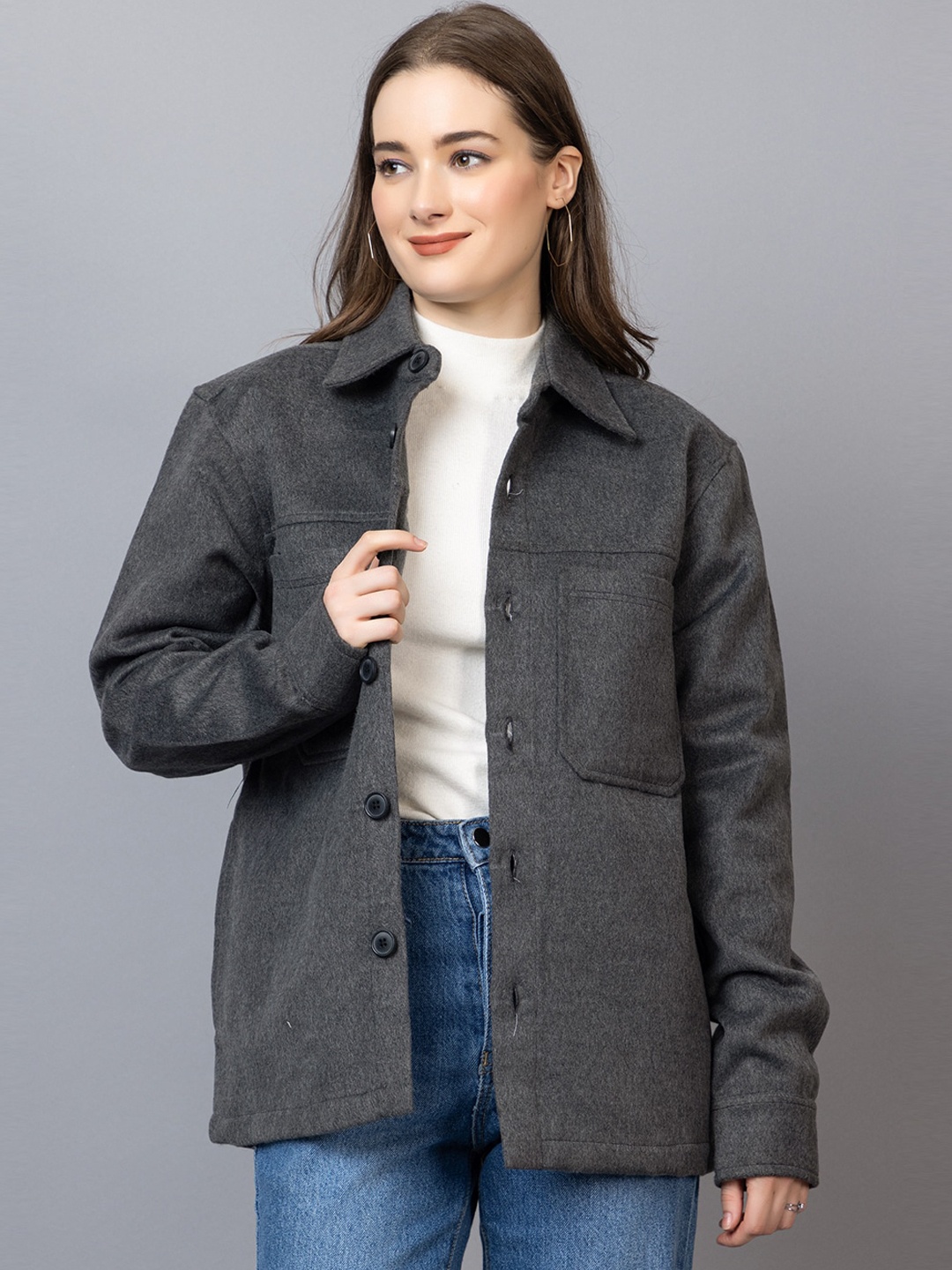 

Dlanxa Spread Collar Woolen Overcoat, Grey