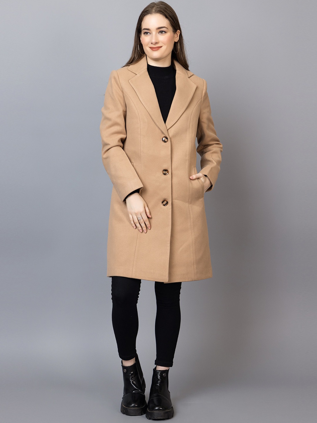 

Dlanxa Notched Lapel Collar, Long Sleeves, Woolen Winter Trench Coat, Camel brown