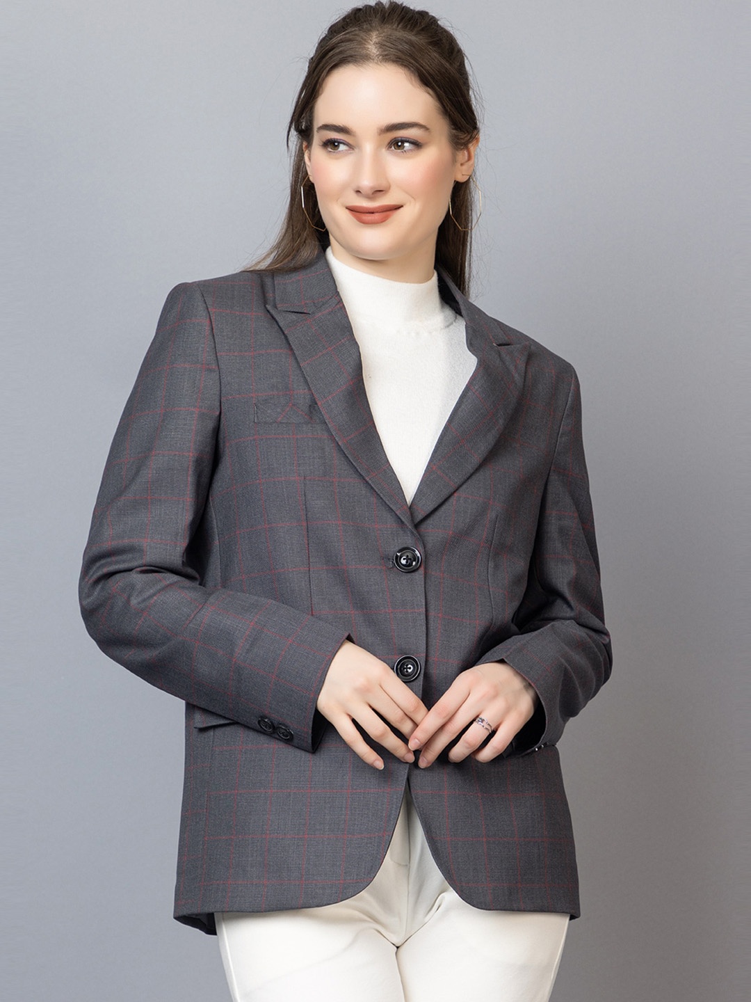 

Dlanxa Checked Single-Breasted Peaked Lapel Collar Formal Blazer, Grey