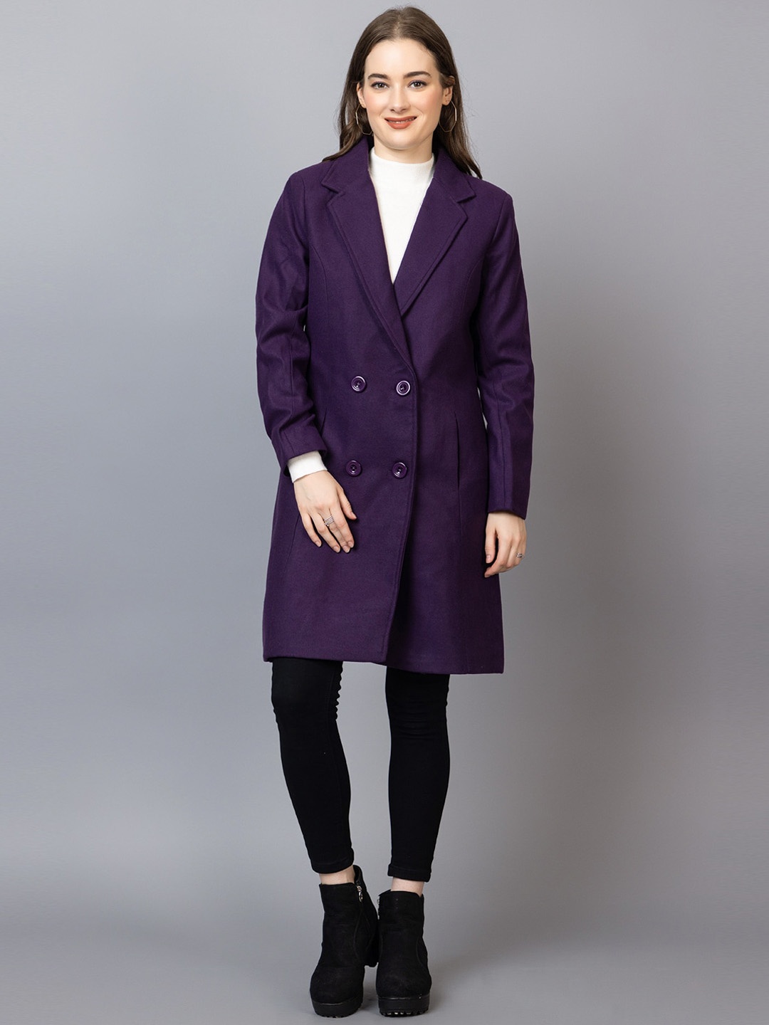 

Dlanxa Notched Lapel Collar Woolen Winter Double Breasted Overcoat, Purple