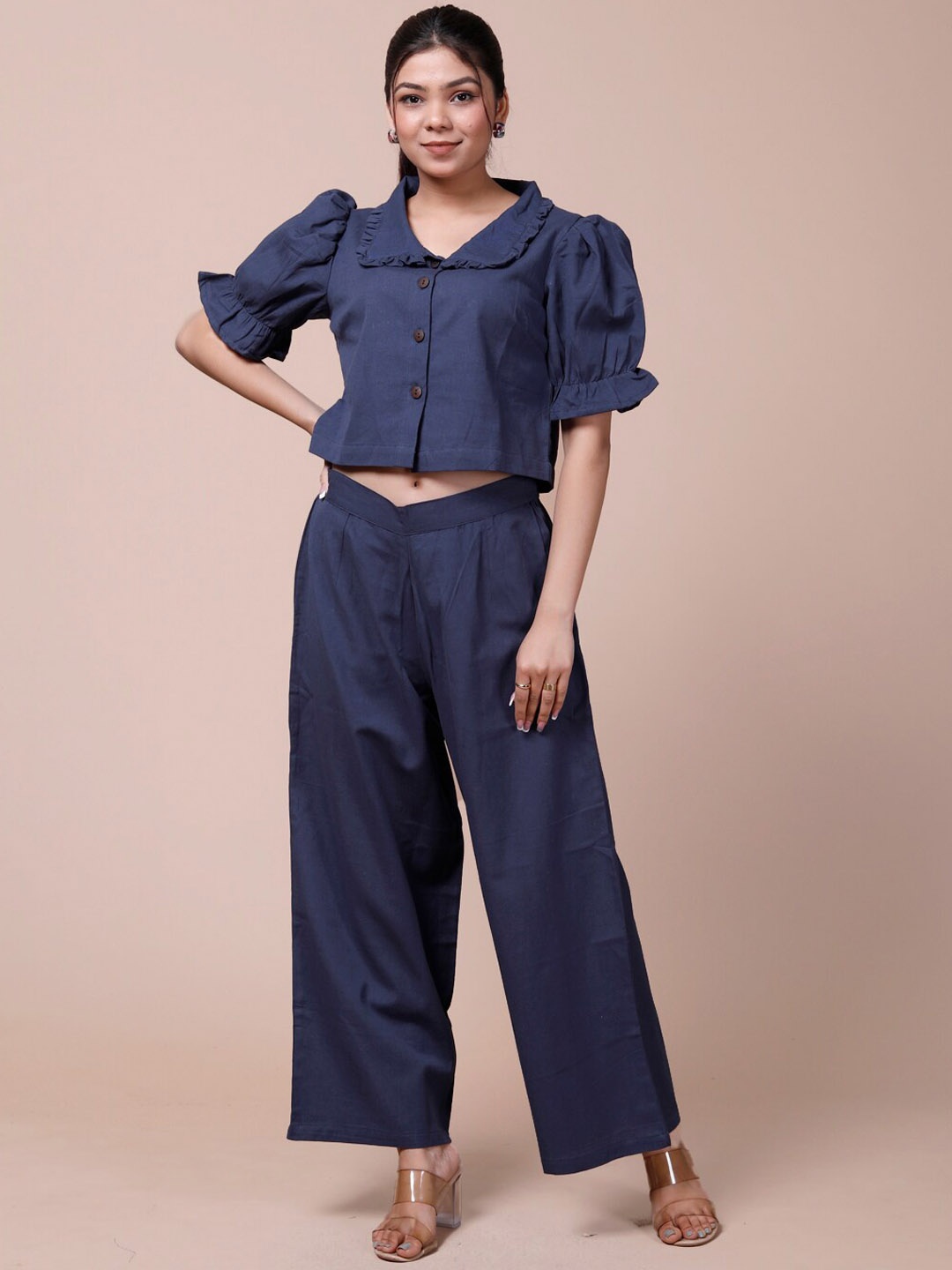 

DESI BEATS Shirt collar Puff sleeve Pure Cotton Top With Palazzo, Navy blue