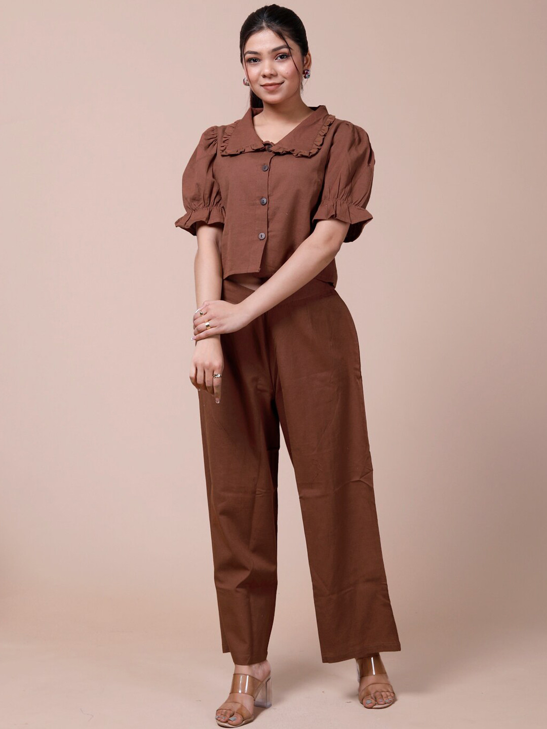 

DESI BEATS Shirt collar Puff sleeve Pure Cotton Top With Palazzo, Brown