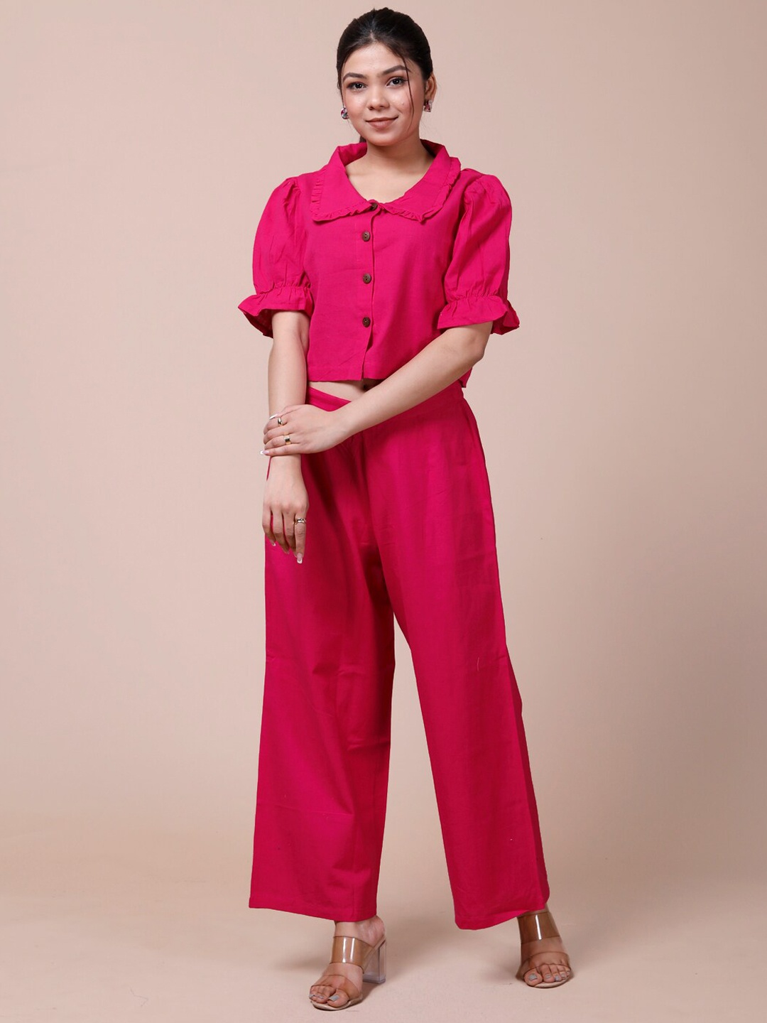 

DESI BEATS Shirt collar Puff sleeve Pure Cotton Top With Palazzo, Fuchsia