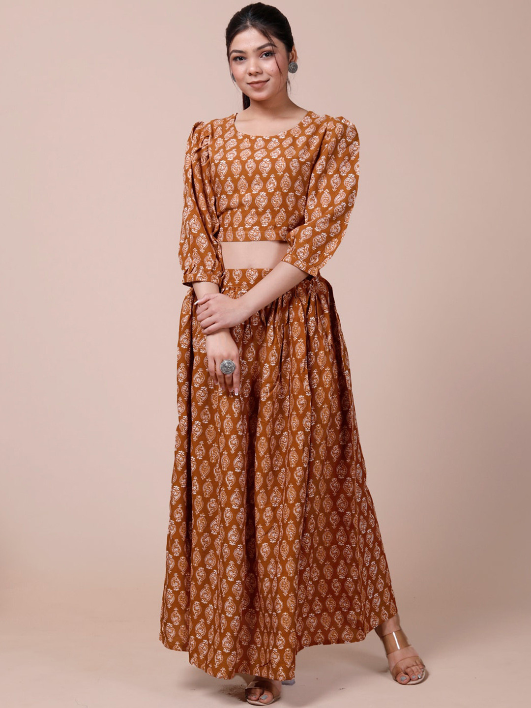 

DESI BEATS Ethnic Printed Puff Sleeve Top With Skirt Co-Ords, Brown
