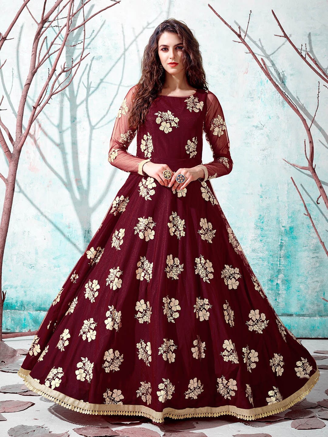 

ODETTE Floral Printed Silk Maxi Dress, Maroon