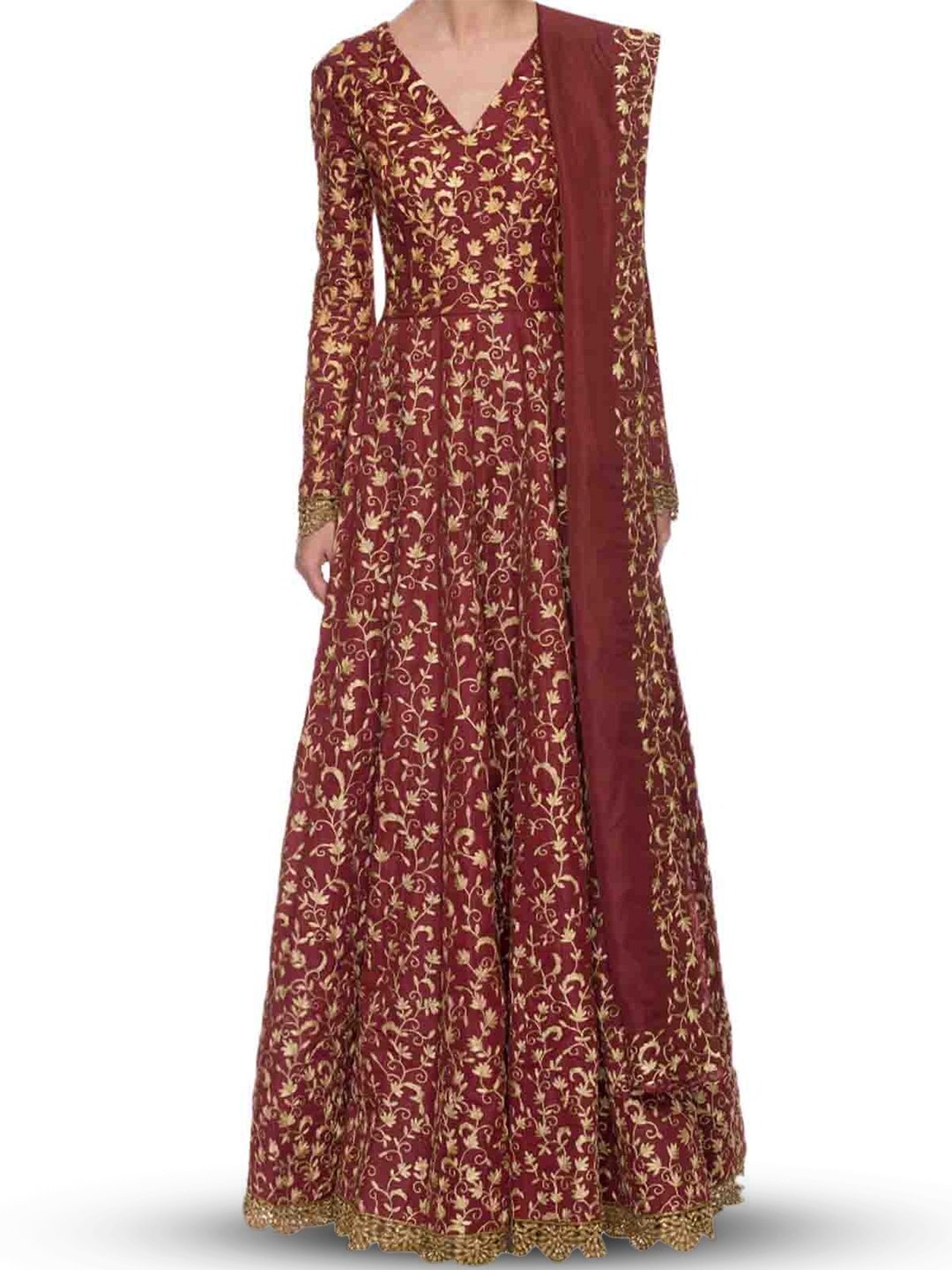 

ODETTE Floral Embroidered V-Neck Gathered Semi Stitched Gown Maxi Ethnic Dress & Dupatta, Maroon