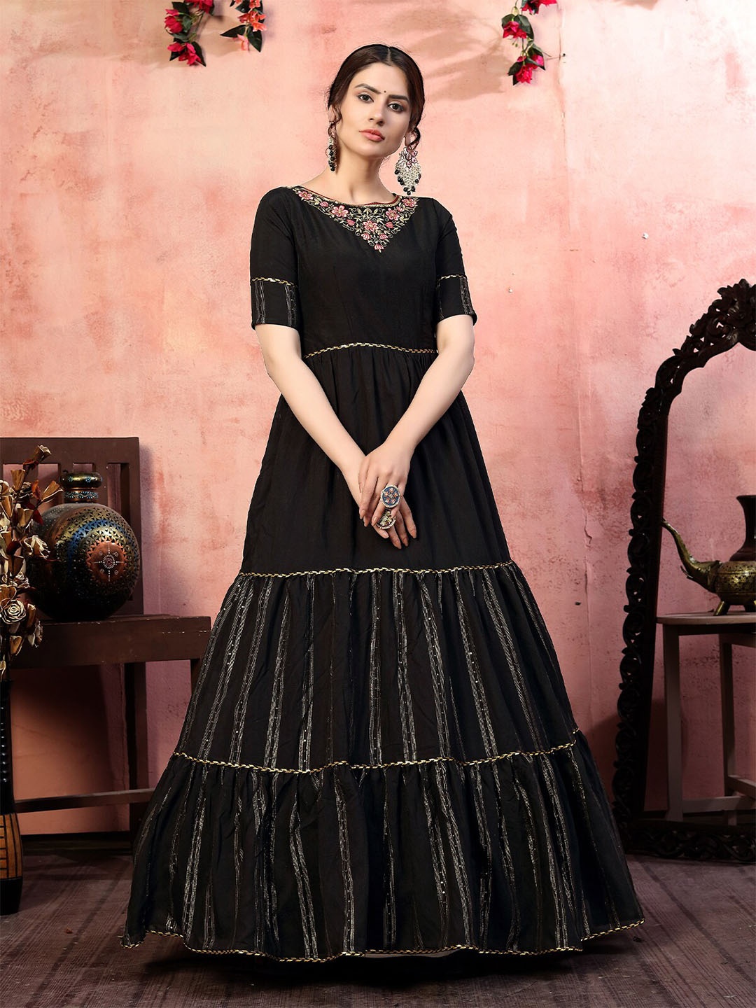 

ODETTE Floral Embroidered Round Neck Gathered Tiered Semi Stitched Gown Maxi Ethnic Dress, Black