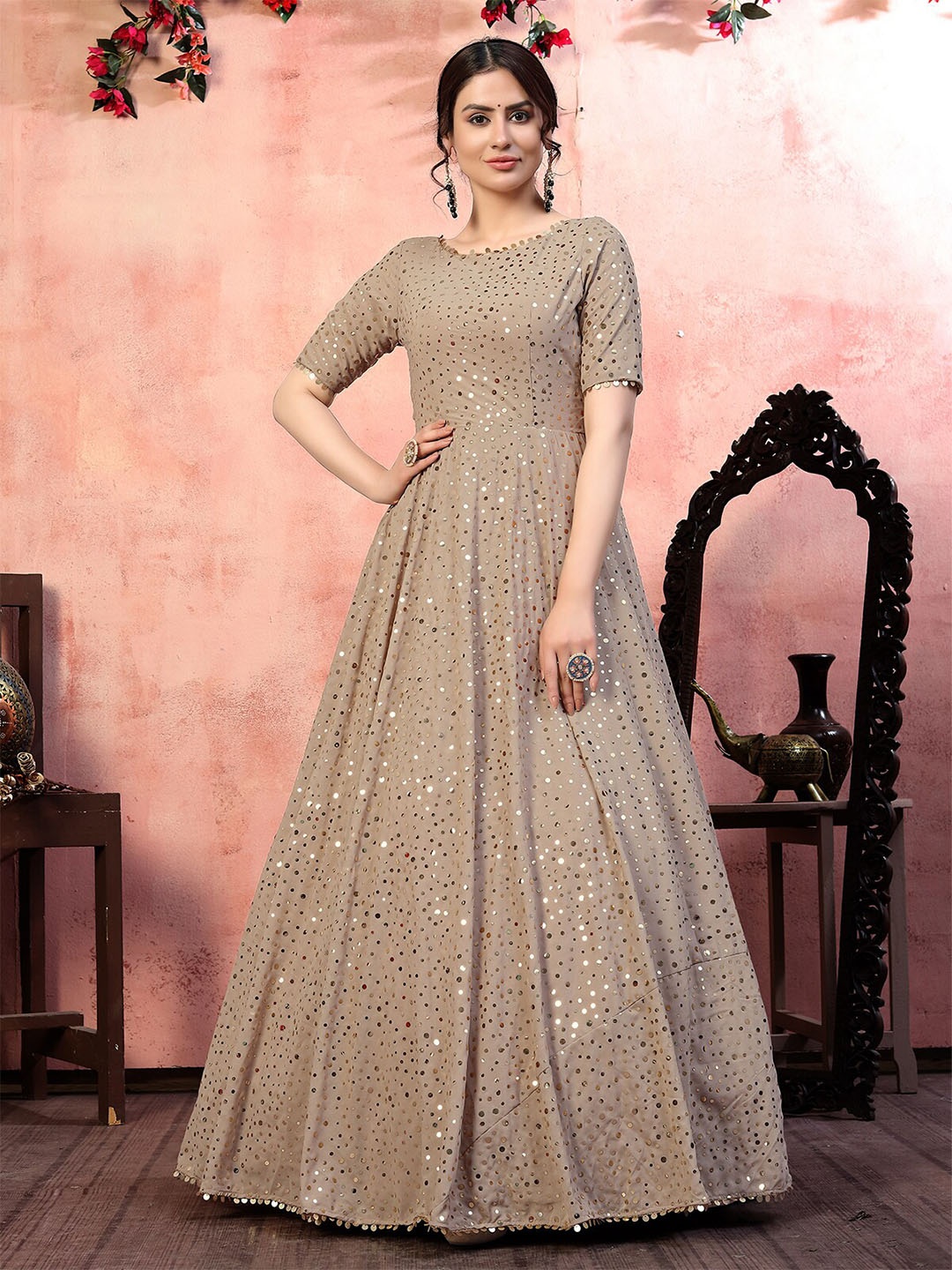 

ODETTE Embellished Round Neck Sequinned Semi Stitched Gown Maxi Ethnic Dress, Beige