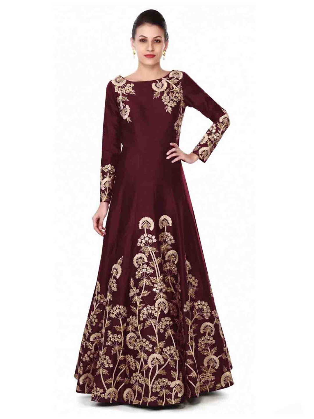 

ODETTE Floral Embroidered Round Neck Embellished Semi Stitched Gown Maxi Ethnic Dress, Maroon