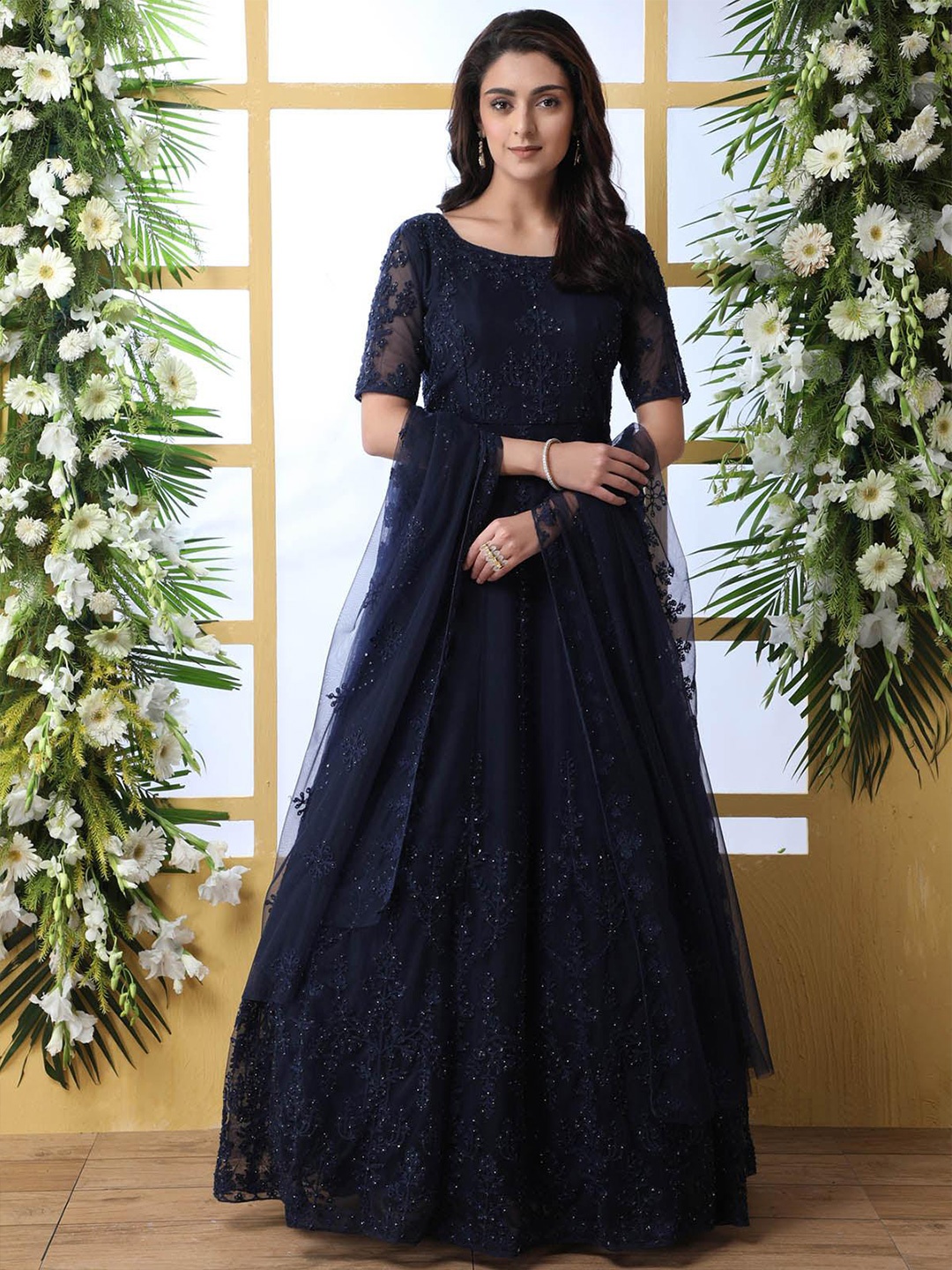 

ODETTE Floral Embroidered Semi Stitched Maxi Dress With Dupatta, Navy blue