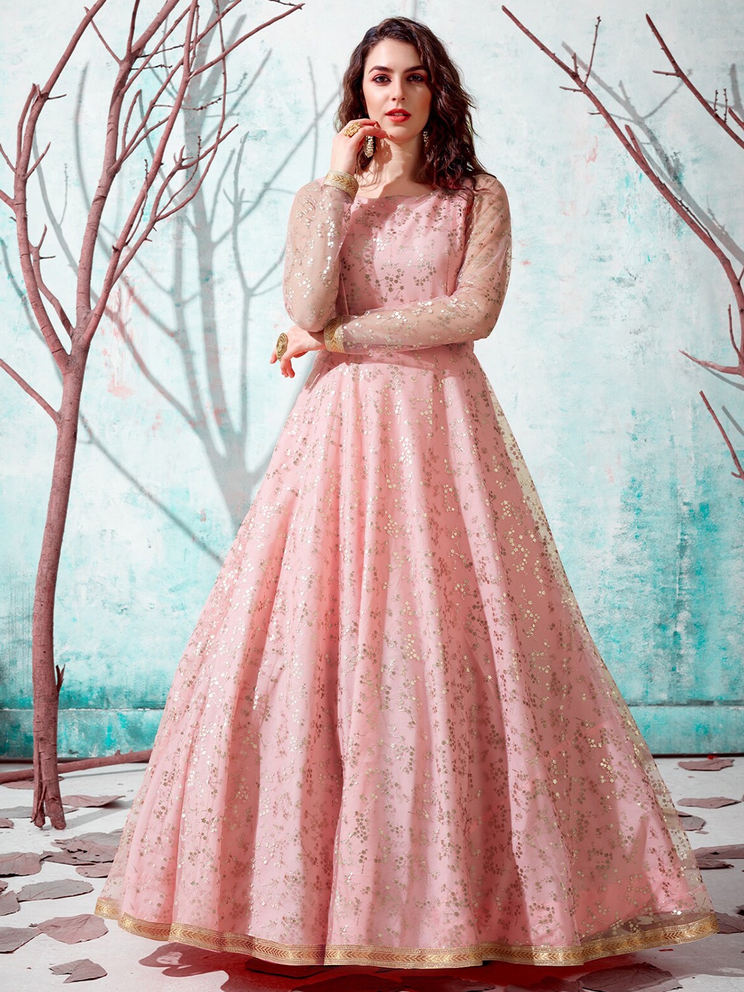 

ODETTE Floral Printed Semi Stitched Silk Maxi Ethnic Dress, Pink