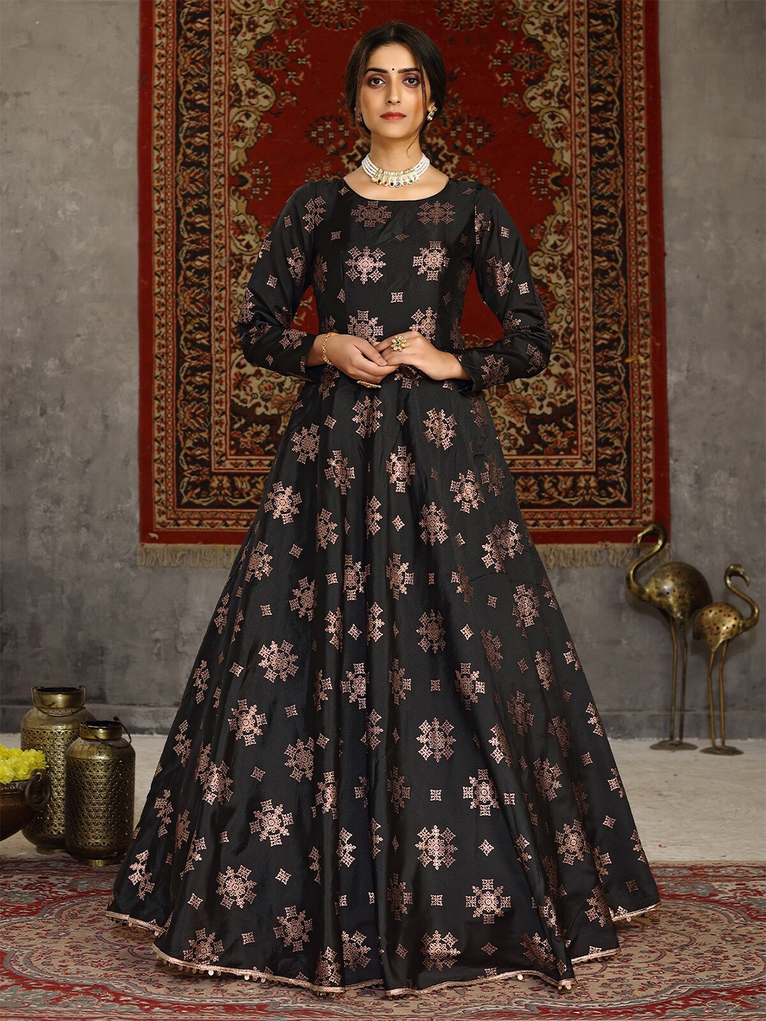 

ODETTE Floral Printed Semi Stitched Silk Maxi Ethnic Dress, Black