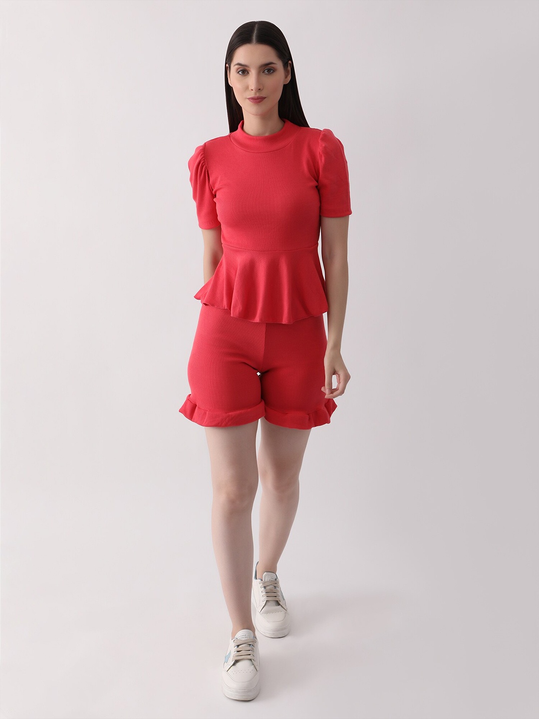 

DKGF FASHION High Neck Puff Sleeve Top & Shorts, Pink