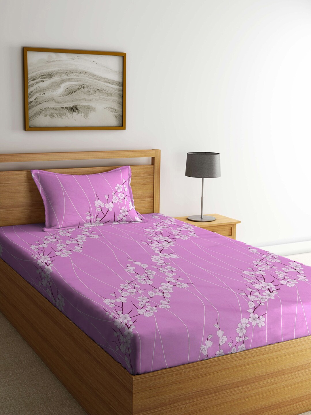 

KLOTTHE Purple & White Floral Printed Pure Cotton 400 TC Fitted Single Bedsheet Set